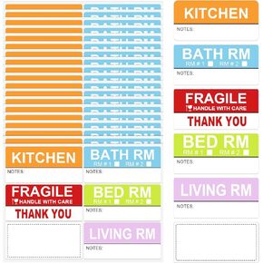 300 PCS 40x90mm Home Moving Box Packing Labels, Removable Waterproof Writable Home Moving Labels, 4 Different Color-Coded Home Moving Stickers + 50Pcs Fragile Stickers + 50Pcs Blank Labels(300 Labels)