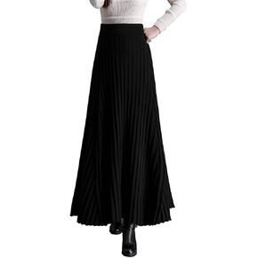 Women's Winter Long Skirt High Waist Elegant Knitted Warm Elastic Waist Maxi Pleated Skirt