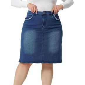 Agnes Orinda Plus Size Denim Skirts for Women Classic Stretch Elastic Waist Side Split A Line Jean Skirt