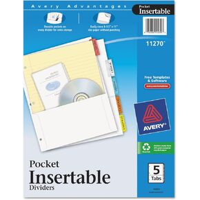 Avery 11270 Insertable Dividers w/Single Pockets, 5-Tab, 11 1/4 x 9 1/8