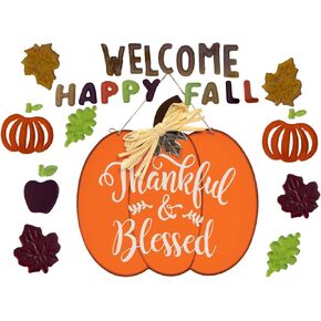 Thankful & Blessed Pumpkin Fall Hanging Sign 12"X12" | Thanksgiving, Welcome Happy Fall Autumn Decorations | Fall Leaves Maple Window Gel Clings