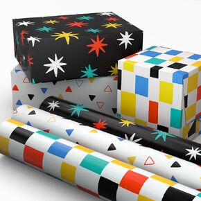 Hallmark Wrapping Paper Mini Rolls, 3-Pack (Checkered, Triangles, Starbursts) for Birthdays, Graduations, Mother's Day, Father's Day, Any Occasion - 45 Sq. Ft. Total