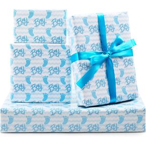 7 Sheet Baby Shower Wrapping Paper Boy,It's a Boy Blue Footprints Boy Baby Shower Wrap Paper Folded Flat 20 x 28 inches per Sheet with Ribbon Set for Newborn Infant Kids Birthday Holiday Celebration Party Gift Wrap