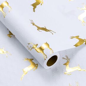 LeZakaa Embossed Wrapping Paper White - Star & Dot Pattern with Golden Merry Christmas & Frohe Weihnachten Text, Ideal for Birthday, Christmas, Holiday Decorations - 17 Inches x 16.4 Feet