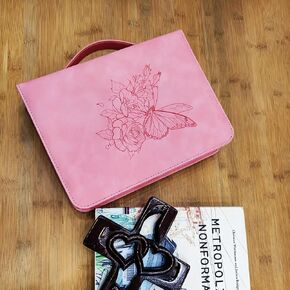 Large PU Leather Bible Cover Bible Carrying Case with Handle&Zippered Debossed Butterfly Rose Floral Bible Cover Case for Women(Pink)