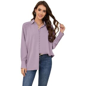 Women Button Down Shirt Long Sleeve Casual Collared Blouses Work Office Chiffon Tops for Ladies