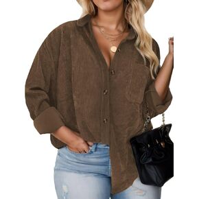 Plus Size Shackets for Women Fashion Fall Outfits Corduroy Shirts with Pockets Casual Long Sleeve Button Down Blouse Tops