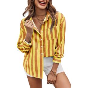Cicy Bell Womens Striped Button Down Shirts Oversized Long Sleeve Casual Blouses Color Block Fall Tops
