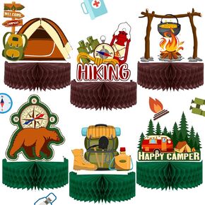 6 Pieces Happy Camping Honeycomb Centerpieces Camping Party Decoration Camping Adventure Bears Sign Camping Theme Cakes Balls Table Toppers for Kids Birthday Photo Props Ideas 3D Table Decoration