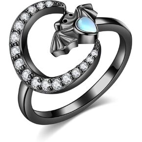 Bat Ring Sterling Silver Black Moon Bat Adjustable Ring Moonstone Halloween Jewelry for Women
