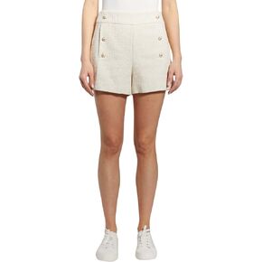 O A T NEW YORK Women's High Rise White Bouclé Sailor Short with Front Buttons, Zipper Closure