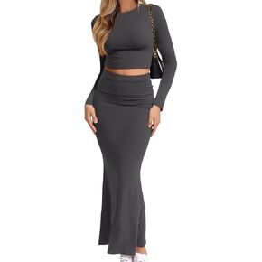 Womens Two Piece Skirt Sets Long Sleeve Crop Top Foldover Bodycon Maxi Fishtail Skirt Tracksuit Sets