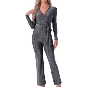 Allegra K Sparkly Jumpsuit for Women Deep V Neck Long Sleeve Belt Night Party Clubwear Giltter Jumpsuits
