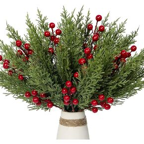 30Pcs Artificial Pine Branches with Red Berry Stems Assorted Faux Cedar Leaves Sprigs Holly Berries Twigs Christmas Tree Picks Greenery Sprays for DIY Craft Wreath Garland Holiday Season Décor (Green)