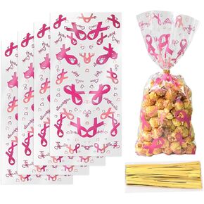 Totelux Breast Cancer Cellophane Goodie Bags Clear Plastic Bags Pink Ribbon Treat Bags with Ties for Candy Cookies Gift Wrap Breast Cancer Awareness Party Favor Supplies 50PCS