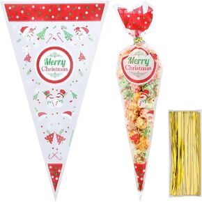 GORGECRAFT 100Pcs Christmas Cone Bags Snowman Christmas Tree Candy Treat Bag Triangle Plastic Pouch with 100Pcs Gold Twist Tie for Treats Popcorn Cookies Goodie Wedding Birthday Party Favor