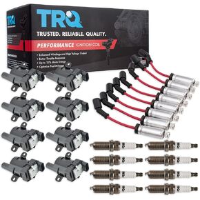 TRQ Performance Ignition Kit Ignition Coil Spark Plugs Spark Plugs Wire Set Compatible with 02-06 Cadillac 99-07 Chevrolet GMC 03-07 Hummer