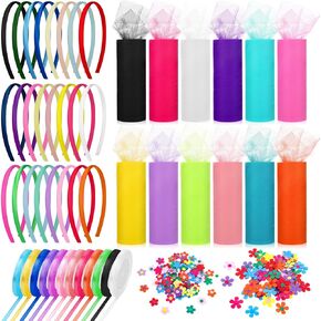 24 Pcs Rainbow Headbands 12 Pcs Tulle Mesh Fabric Rolls 200 Pcs Felt Flowers Embellishments for DIY Crafts 12 Pcs Colorful Satin Roll Ribbons for DIY Headbands Party Decoration