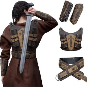 HiiFeuer Medieval Embossed Double Back Sword Frog with Wide Belt and Arm Bracers, Retro Renaissance Knight Mercenary Costume