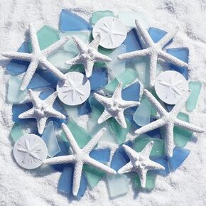 12 Resin Starfish & 10oz Sea Glass Decor - Frosted Seaglass Pieces & Starfish Sand Dollar for DIY Crafts, Beach Weddings, Vase Filler, and Home Decor Ornaments (Green, Aquamarine, White) in Kuwait