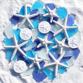 12 Resin Starfish & 10oz Sea Glass Decor - Frosted Seaglass Pieces & Starfish Sand Dollar for DIY Crafts, Beach Weddings, Vase Filler, and Home Decor Ornaments (Green, Aquamarine, White)