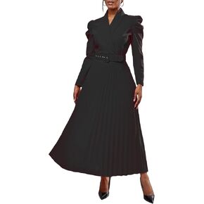 BINXIAD Women's Long Puff Gigot Sleeve Belted Maxi Dress V Neck Pleated Dress Casual Dress in Kuwait