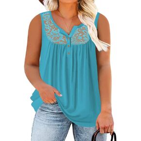ROSRISS Plus-Size Tank Tops Summer Sleeveless Henley V-Neck Shirts Buttons Up Lace Pleated Flowy Tunics