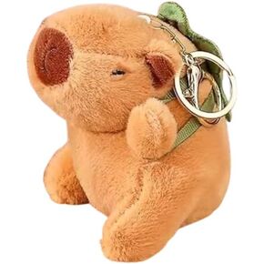 FRANKdesigns Plush Capybara Keychain with Mini Turtle Backpack, Medium, Beige