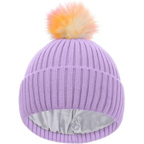 LiuSuper Kids Winter Hat, Girls Beanies 7-14, Satin Lined Beanie for Girls, Pom Pom Silk Lined Cuffed Beanie