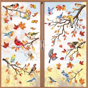 wondever Fall Birds on Tree Branch Window Clings Colorful Bird Maple Leaves Glass Sticker Decal Anti Collision Double-Side Static Window Decals for Autumn Home Glass Window
