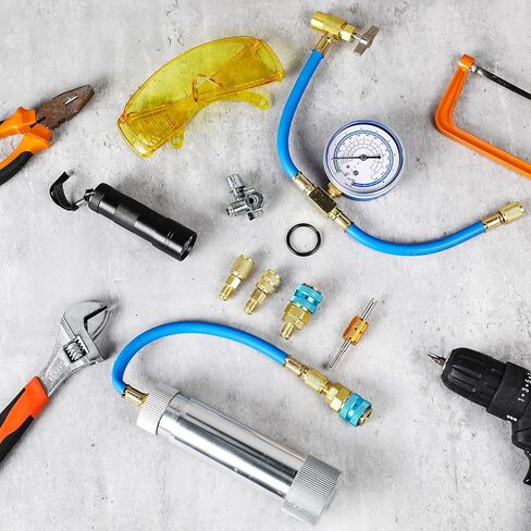 مجموعة حاقن صبغ زيت التيار المتردد وخرطوم إعادة شحن غاز التبريد مع مجموعة قياس R134a R1234yf، تتضمن نظارات واقية من الأشعة فوق البنفسجية الخفيفة لنظام تكييف الهواء في السيارة والمنزل in Kuwait