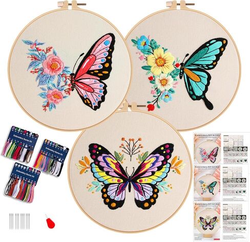 3 مجموعات من أدوات تطريز الزهور للبالغين المبتدئين بنمط التطريز، وأطواق التطريز، ومجموعة الحرف اليدوية (زهرة) in Kuwait