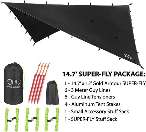Gold Armour Rainfly Tarp Hammock, Premium 14.7ft/12ft/10ft/8ft Rain Fly Cover, Waterproof Ultralight Camping Shelter Canopy, Survival Equipment Gear Camping Tent Accessories (Black 10ft x 10ft) in Kuwait