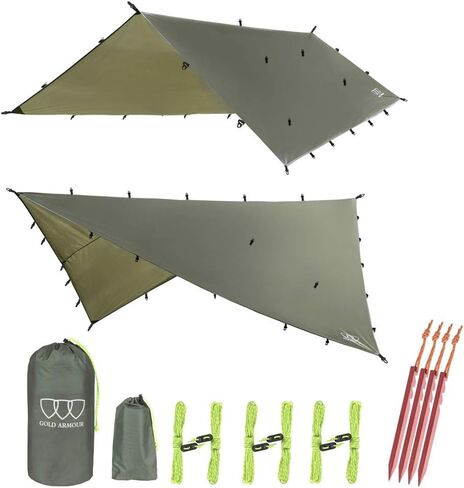 Gold Armour Rainfly Tarp Hammock, Premium 14.7ft/12ft/10ft/8ft Rain Fly Cover, Waterproof Ultralight Camping Shelter Canopy, Survival Equipment Gear Camping Tent Accessories (Black 10ft x 10ft) in Kuwait