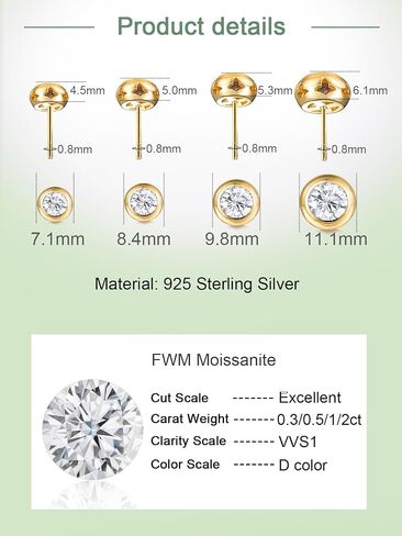 Bezel Setting Moissanite Stud Earrings for Women, 0.6-4 Carat D Color VVS1 Round Cut Moissanite Earrings, Solid 925 Sterling Silver with Rhodium Finish, Anniversary Wedding Jewelry in Saudi Arabia