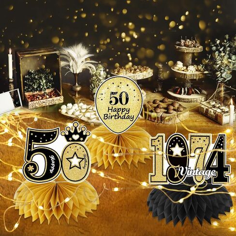 10 قطع من زينة عيد الميلاد الخمسين على شكل قرص العسل مع سلسلة أضواء للرجال والنساء، ذهبي أسود عتيق 1974 لوازم حفلات عيد الميلاد الخمسين السعيدة، هتافات حتى 50 عامًا من الديكور in Kuwait