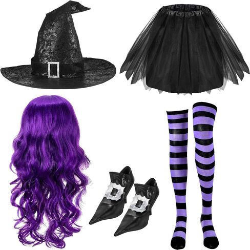 Panitay Halloween Witch Cosplay Costume for Women Witch Hat Tutu Skirt Striped Tights Curly Wig Shoe Covers in Kuwait