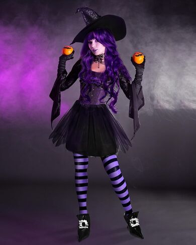 Panitay Halloween Witch Cosplay Costume for Women Witch Hat Tutu Skirt Striped Tights Curly Wig Shoe Covers in Kuwait