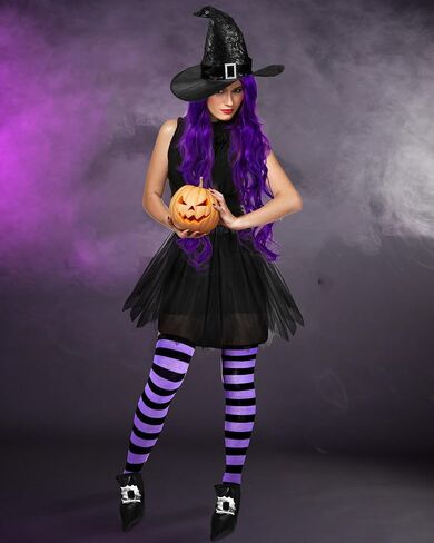 Panitay Halloween Witch Cosplay Costume for Women Witch Hat Tutu Skirt Striped Tights Curly Wig Shoe Covers in Kuwait