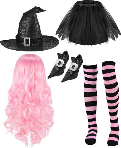 Panitay Halloween Witch Cosplay Costume for Women Witch Hat Tutu Skirt Striped Tights Curly Wig Shoe Covers in Kuwait