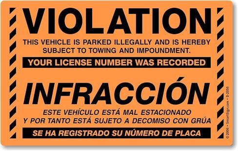 SmartSign Bilingual Parking Violation Stickers | Pack of 50 Labels with Permanent Adhesive, 5 x 8 inch, Vehicle Illegally Parked Sticker, Hard to Remove Write-On Tickets, Fluorescent Orange in Saudi Arabia