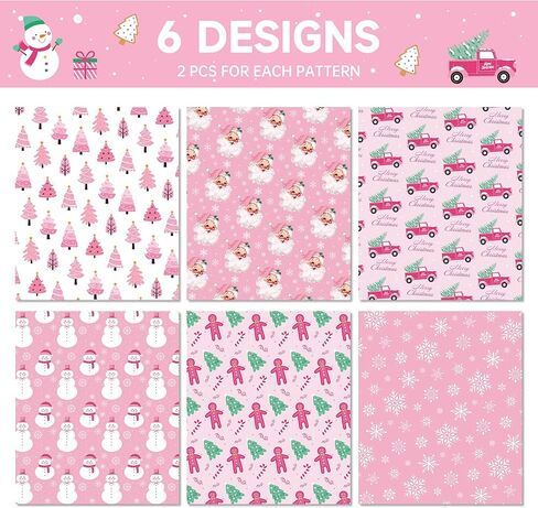 VIVIQUEN ورق تغليف هدايا عيد الميلاد الوردي، ورق تغليف هدايا عيد الميلاد مع الرنة، سانتا كلوز، رجل الثلج، ندفة الثلج، رجل خبز الزنجبيل، شجرة عيد الميلاد للفتيات والكبار، 12 ورقة 27 بوصة × 20 بوصة in Kuwait