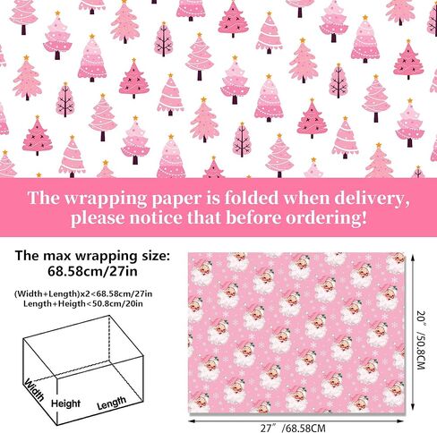VIVIQUEN ورق تغليف هدايا عيد الميلاد الوردي، ورق تغليف هدايا عيد الميلاد مع الرنة، سانتا كلوز، رجل الثلج، ندفة الثلج، رجل خبز الزنجبيل، شجرة عيد الميلاد للفتيات والكبار، 12 ورقة 27 بوصة × 20 بوصة in Kuwait