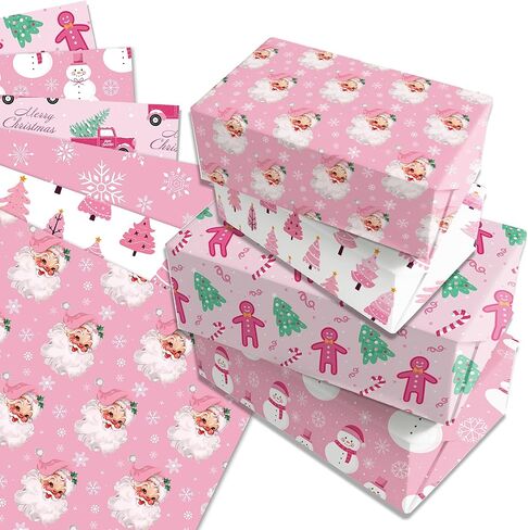 VIVIQUEN ورق تغليف هدايا عيد الميلاد الوردي، ورق تغليف هدايا عيد الميلاد مع الرنة، سانتا كلوز، رجل الثلج، ندفة الثلج، رجل خبز الزنجبيل، شجرة عيد الميلاد للفتيات والكبار، 12 ورقة 27 بوصة × 20 بوصة in Kuwait
