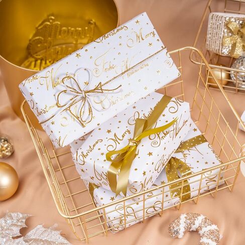 ورق تغليف منقوش باللون الأبيض من LeZakaa - نمط نجمة ونقطة مع عيد ميلاد سعيد ذهبي ونص Frohe Weihnachten، مثالي لأعياد الميلاد والكريسماس وديكورات العطلات - 17 بوصة × 16.4 قدم in Kuwait