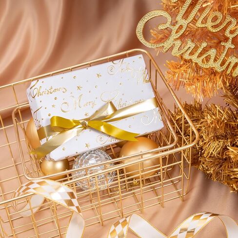 ورق تغليف منقوش باللون الأبيض من LeZakaa - نمط نجمة ونقطة مع عيد ميلاد سعيد ذهبي ونص Frohe Weihnachten، مثالي لأعياد الميلاد والكريسماس وديكورات العطلات - 17 بوصة × 16.4 قدم in Kuwait