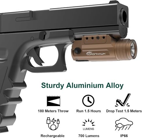 CRONHAWK Pistol Flashlight Rechargeable 700 Lumen Rail Mounted Tactical Flashlight Compact Weapon Light for Gun Light fits Picatinny in Kuwait