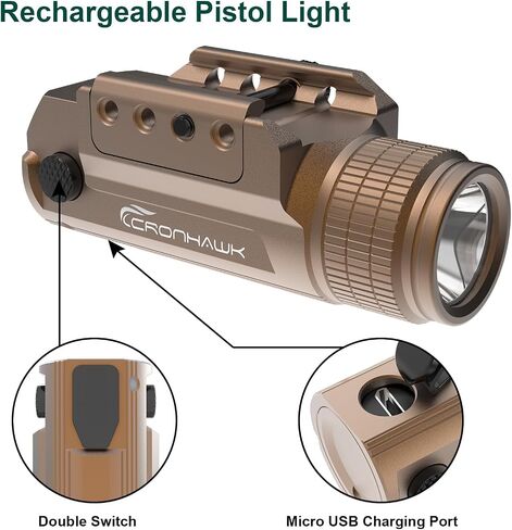 CRONHAWK Pistol Flashlight Rechargeable 700 Lumen Rail Mounted Tactical Flashlight Compact Weapon Light for Gun Light fits Picatinny in Kuwait