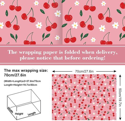 JarThenaAMCS 8 Sheet Cherry Wrapping Paper -Not Roll- Pink Cherry Flower Gift Wrap Paper Folded Flat Art Paper for Birthday Baby Shower DIY Crafts, 19.7 x 27.6 Inch in Saudi Arabia