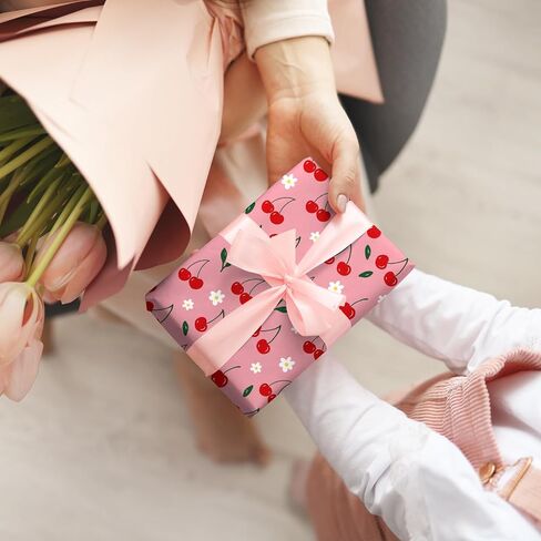 JarThenaAMCS 8 Sheet Cherry Wrapping Paper -Not Roll- Pink Cherry Flower Gift Wrap Paper Folded Flat Art Paper for Birthday Baby Shower DIY Crafts, 19.7 x 27.6 Inch in Saudi Arabia